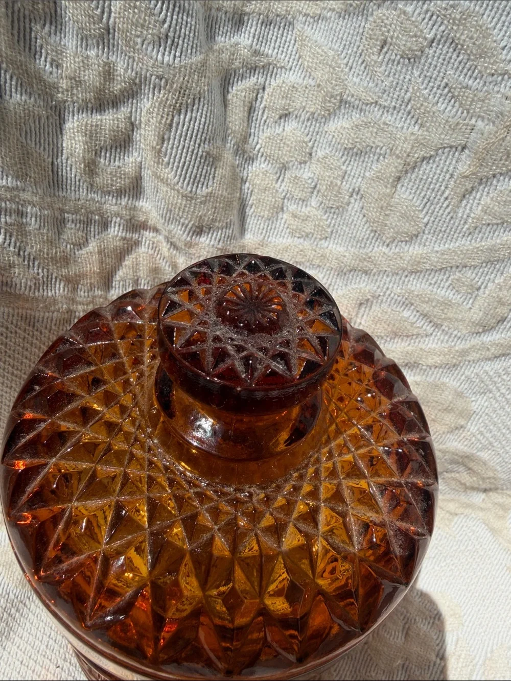Vintage Amber Cut Glass Covered Jar - Vintage